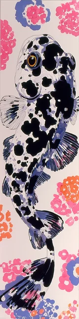 Free printable fish bookmark featuring black splotches on whtie fish